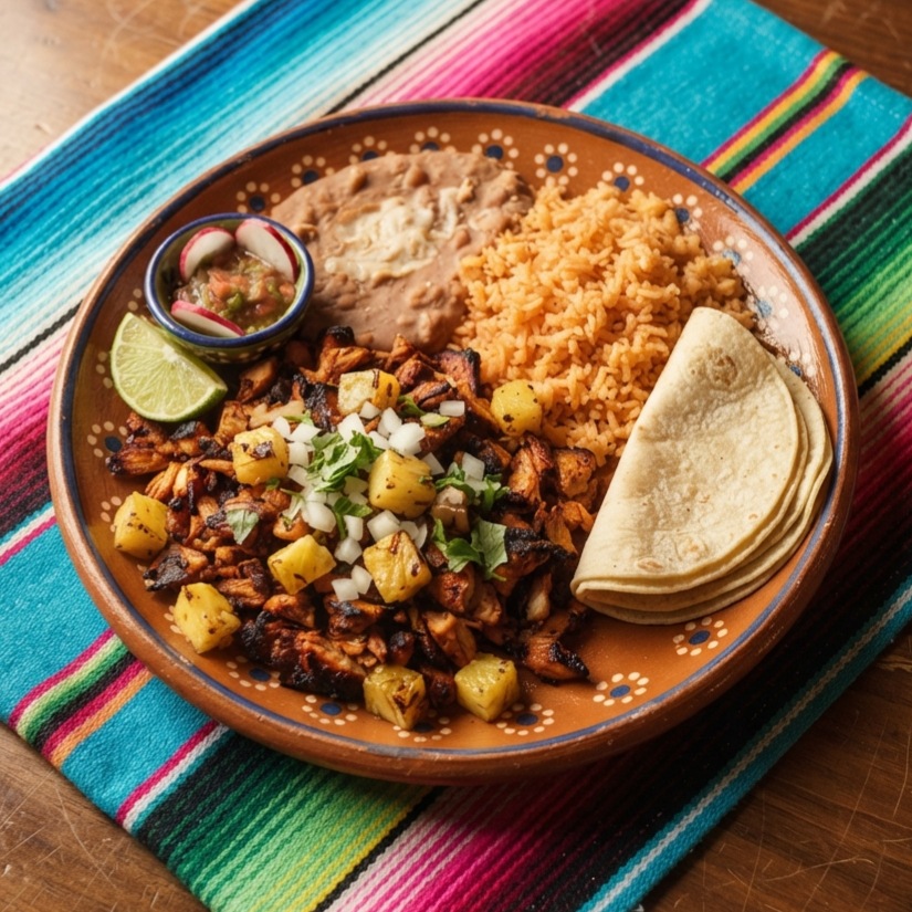 Marinated al pastor pork with grilled pineapple, onion and cilantro, with rice and beans, on a terracotta clay plate.