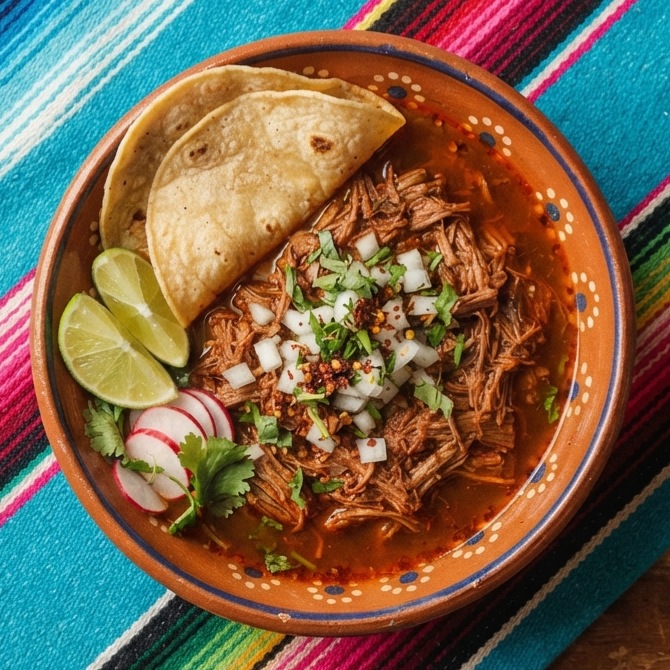 Shredded stewed beef birria in red broth with onion and cilantro, in a terracotta clay bowl with tortillas.