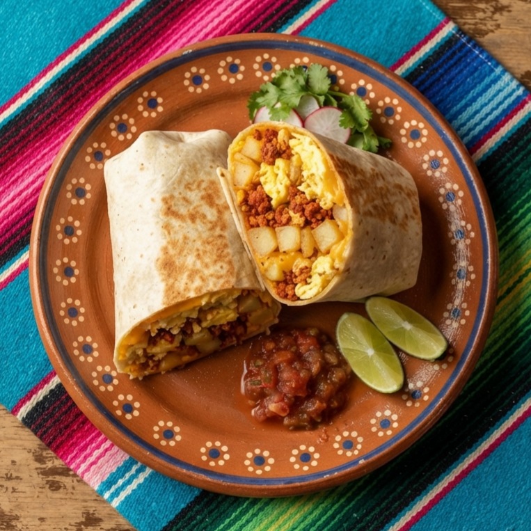 A burrito cut in half showing scrambled egg, potato, cheese and chorizo, on a terracotta clay plate.