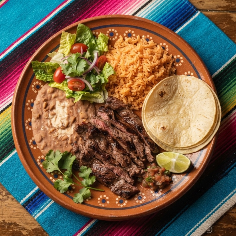 Sliced grilled steak with Mexican rice, refried beans, salad and warm tortillas, on a terracotta clay plate.