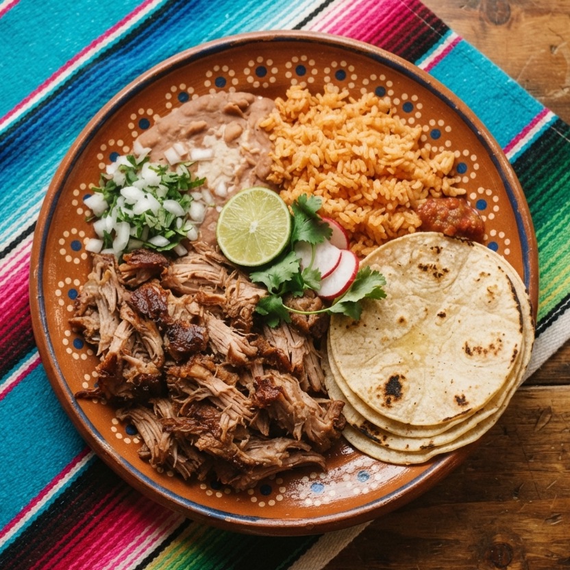 Shredded slow-cooked pork carnitas with Mexican rice, refried beans and warm tortillas, on a terracotta clay plate.