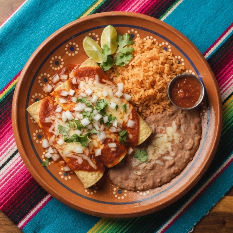 Three rolled enchiladas under red chile sauce and melted cheese, with Mexican rice and refried beans, on a terracotta clay plate.