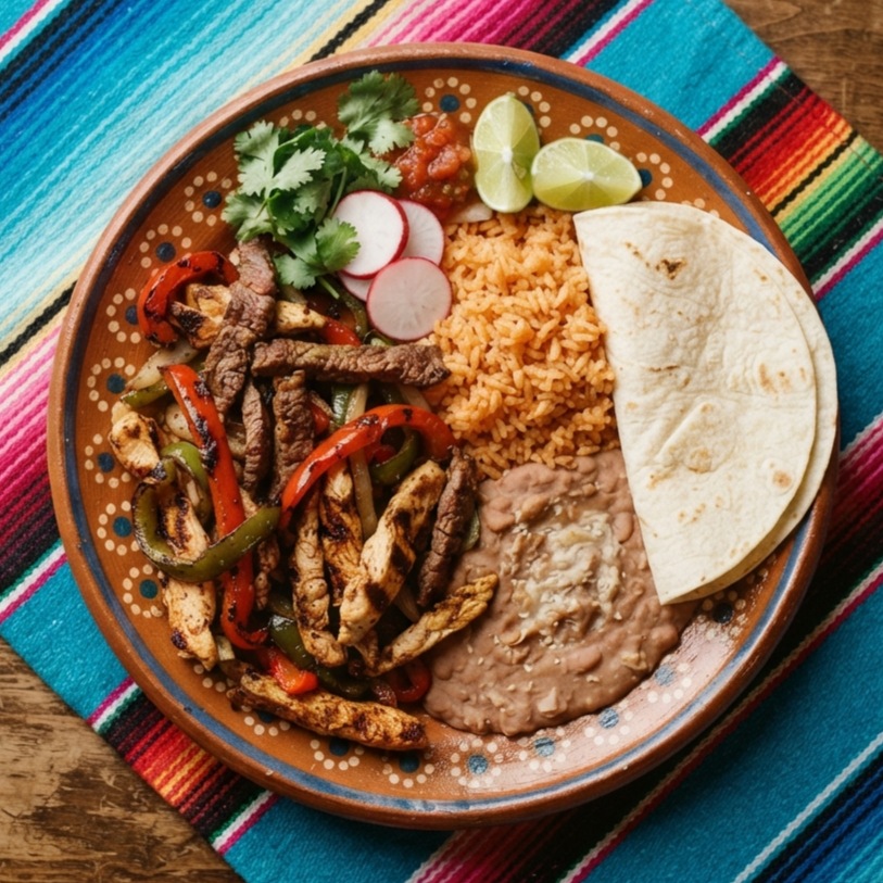 Grilled meat with peppers and onions, Mexican rice, refried beans and warm tortillas, on a terracotta clay plate.
