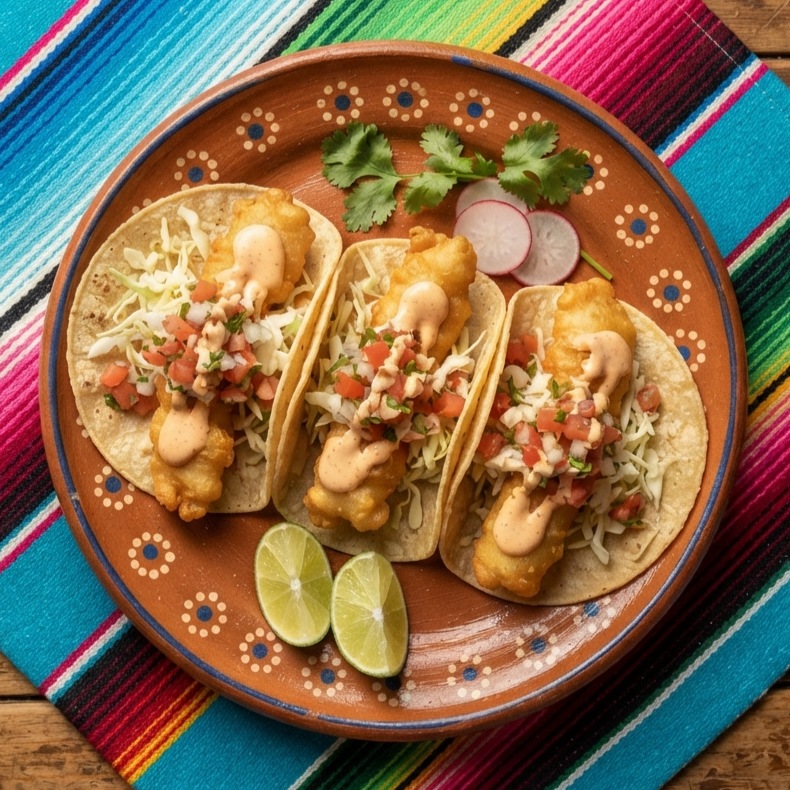 Three fish tacos with battered fish, cabbage, pico de gallo and chipotle sauce, on a terracotta clay plate.