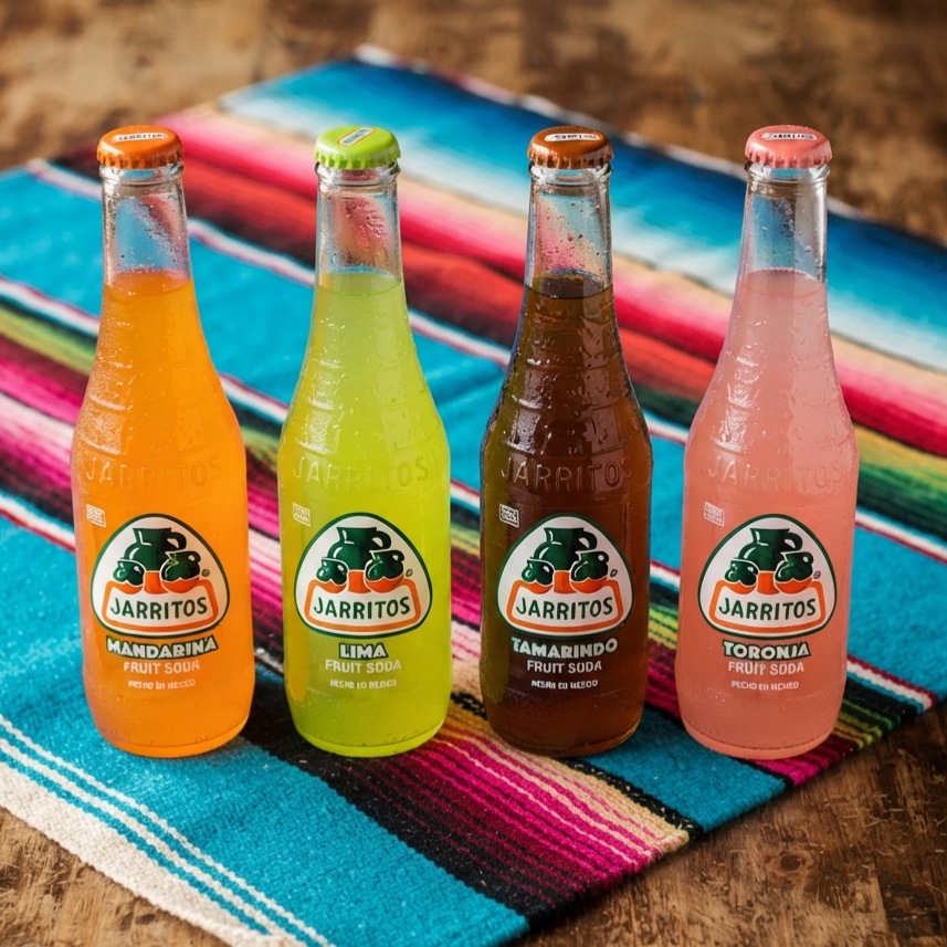 Four Jarritos soda bottles in a row: mandarina, lima, tamarindo and toronja.