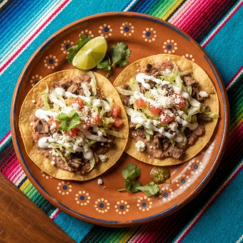 Two flat crisp tostadas topped with meat, beans, lettuce, tomato, cheese and sour cream, on a terracotta clay plate.