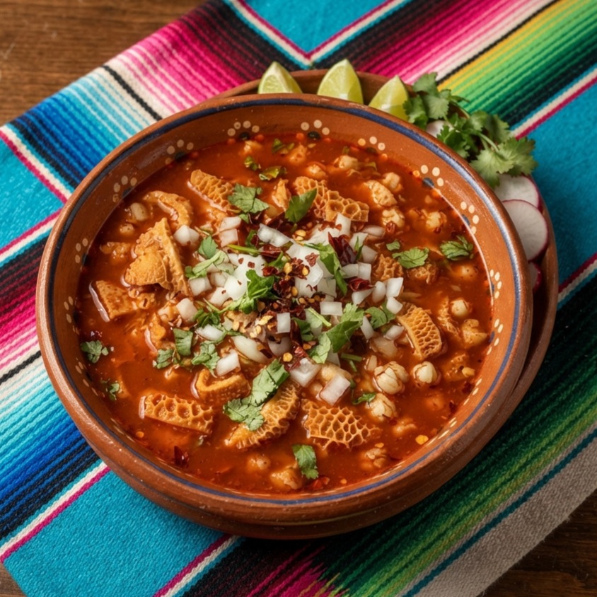 Menudo, tripe and hominy in a red broth with onion, cilantro and chile flakes, in a terracotta clay bowl.
