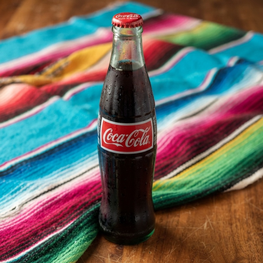 A cold glass contour bottle of Mexican Coca-Cola with a red cap.