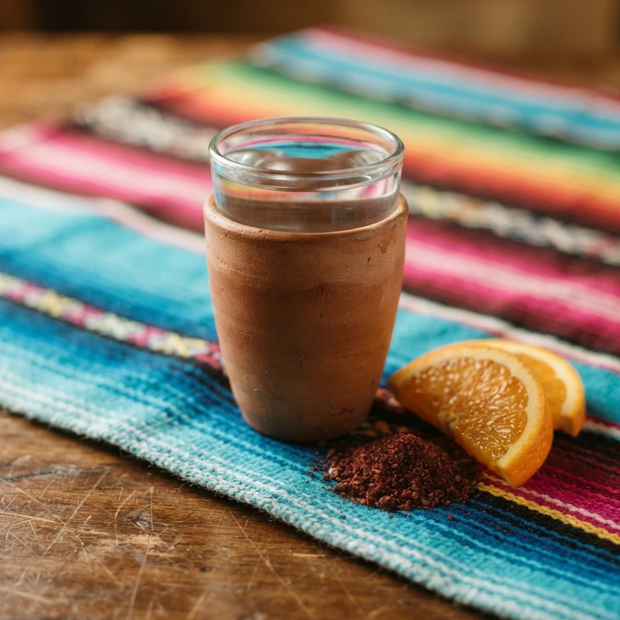 A clay copita of mezcal with orange slices and worm salt.