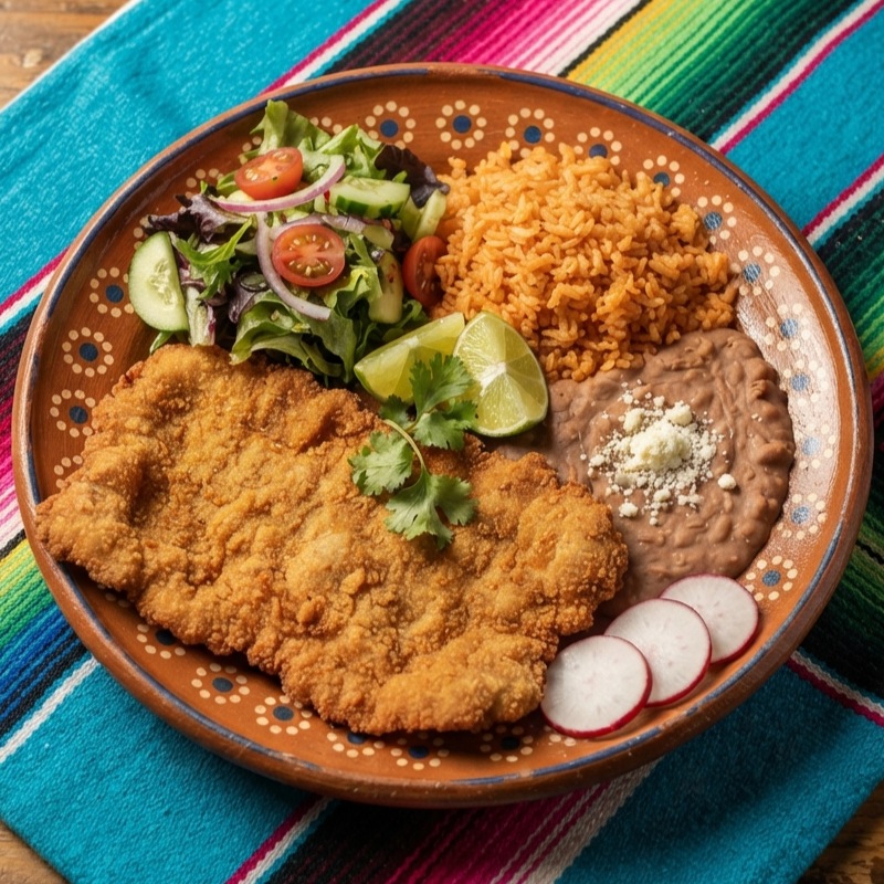 A large breaded steak cutlet with Mexican rice, refried beans and a green salad, on a terracotta clay plate.