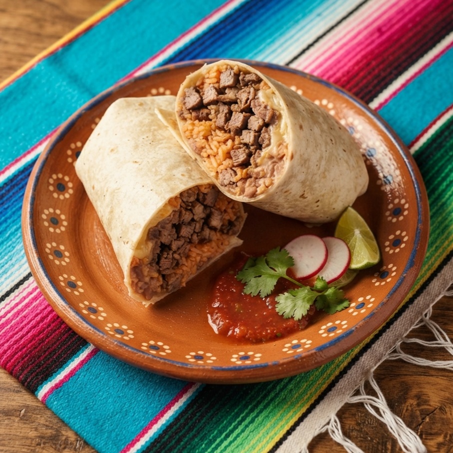 A flour tortilla burrito cut in half showing meat, rice and beans, with salsa, on a terracotta clay plate.