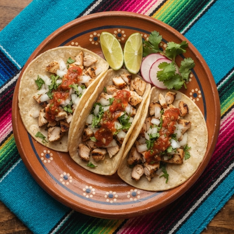 Three chicken street tacos on soft corn tortillas with onion, cilantro and red salsa, on a terracotta clay plate.