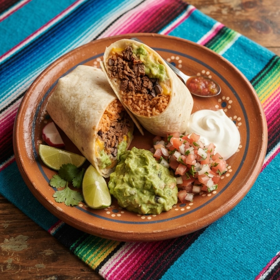 A burrito cut in half showing meat, rice, beans and cheese, with pico de gallo, guacamole and sour cream, on a terracotta clay plate.