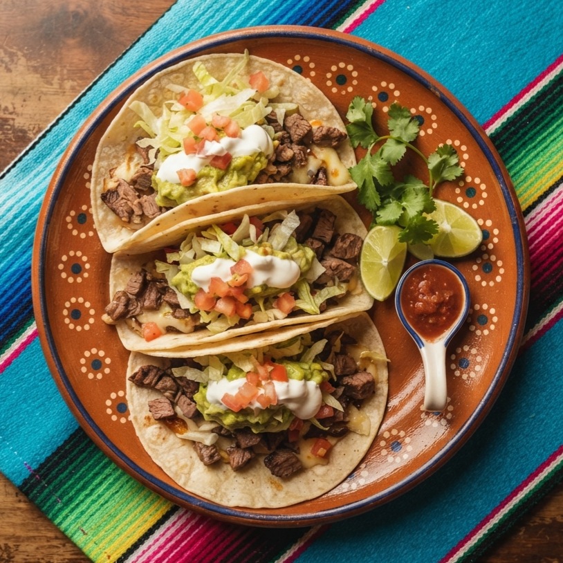 Three loaded tacos with meat, cheese, guacamole, sour cream, lettuce and tomato, on a terracotta clay plate.