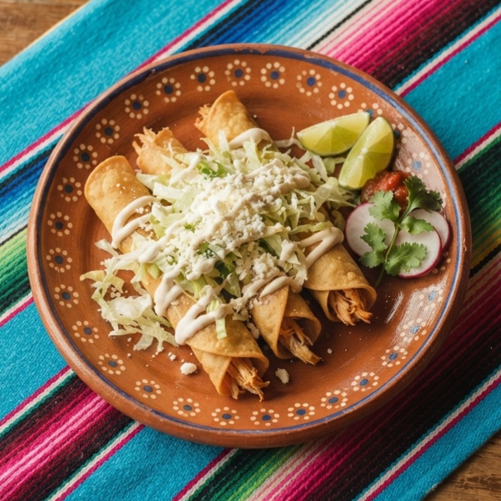 Three crisp fried rolled tacos topped with lettuce, cheese and sour cream, on a terracotta clay plate.