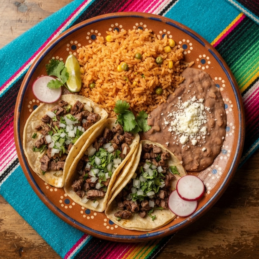 Three soft tacos with Mexican rice and refried beans, on a terracotta clay plate.