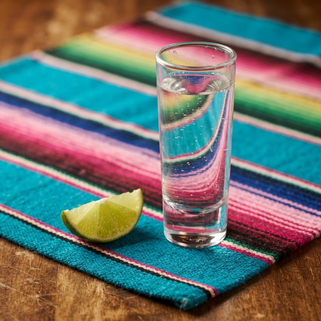 A caballito shot glass of blanco tequila with a lime wedge.